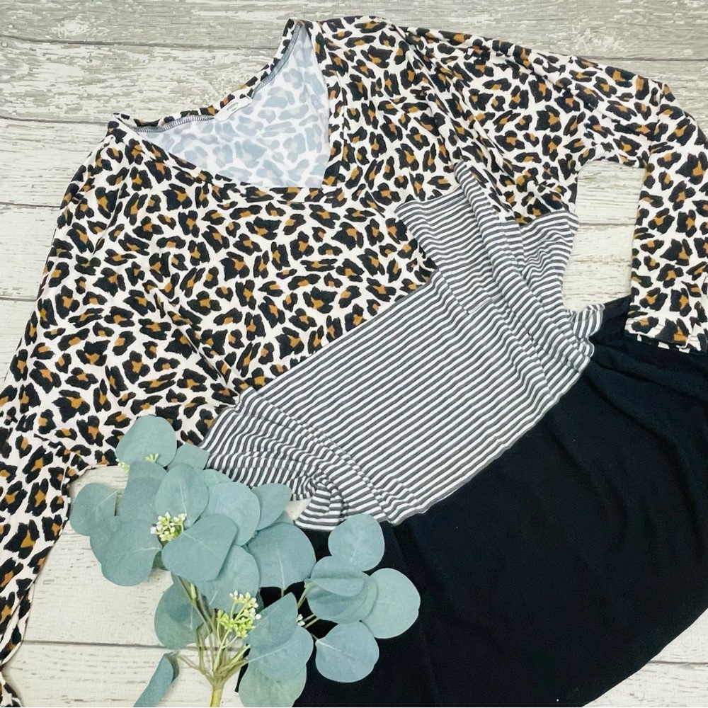 Entro Animal Print Colorblock V Neck Long Sleeve Top